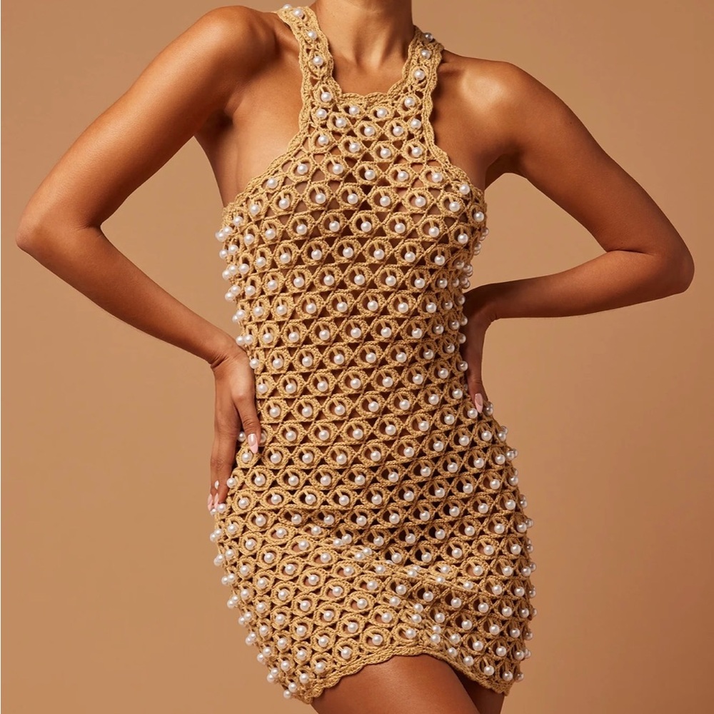 Fashion Nova Taupe Pearl Mini Dress